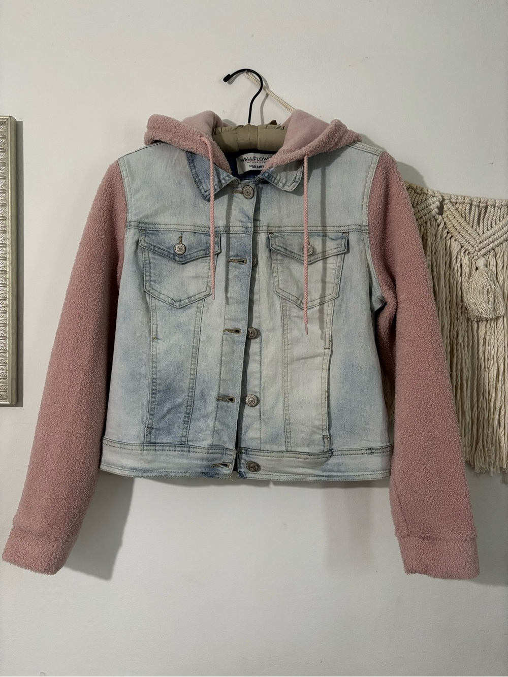 NWOT-Wallflower Light Wash Denim Jacket with Pink Sherpa Hood & Sleeves